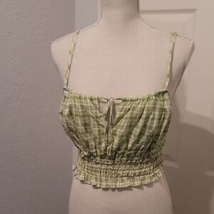 Green Plaid Smocked Tie-Front Crop Top